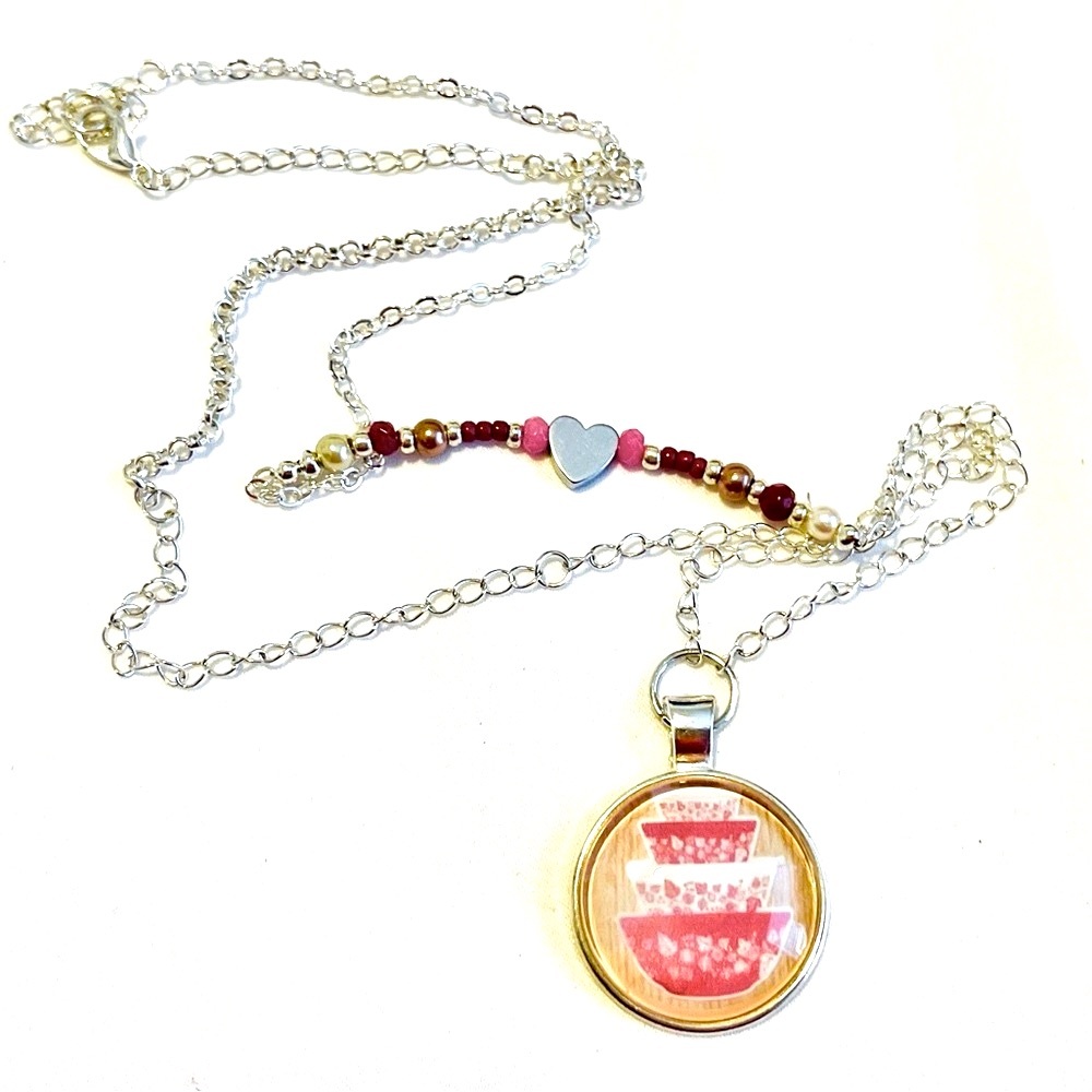 Pink Pyrex nesting bowl pendant Silver and Pink Beaded Necklace
